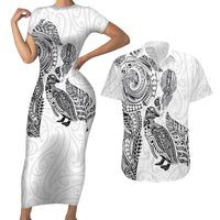 Aotearoa Moko Tribal Tattoo Couples Matching Short Sleeve Bodycon Dress and Hawaiian Shirt New Zealand Maori Penguin and Fantail White Color LT03 White - Polynesian Pride