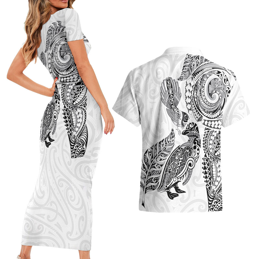 Aotearoa Moko Tribal Tattoo Couples Matching Short Sleeve Bodycon Dress and Hawaiian Shirt New Zealand Maori Penguin and Fantail White Color LT03 - Polynesian Pride