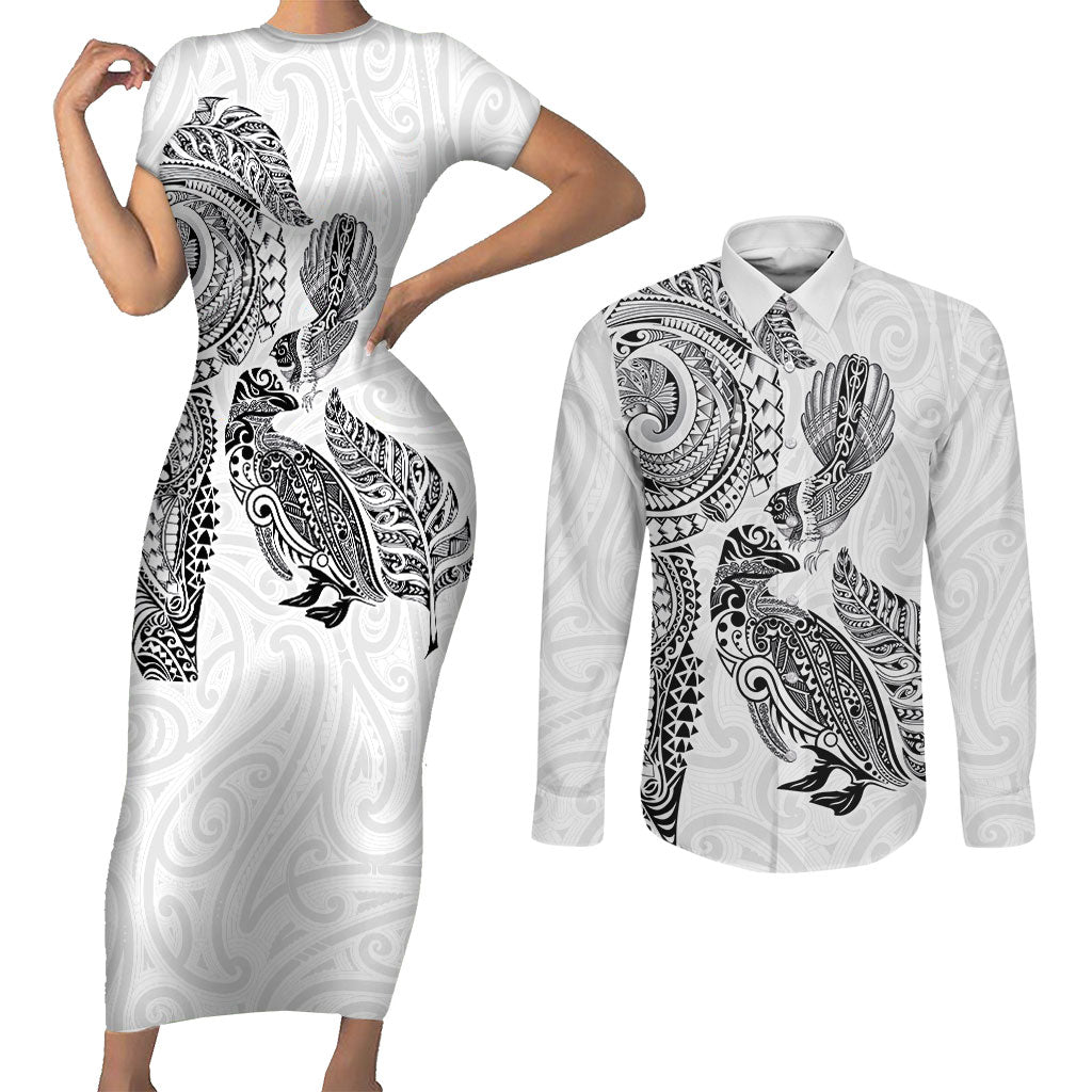 Aotearoa Moko Tribal Tattoo Couples Matching Short Sleeve Bodycon Dress and Long Sleeve Button Shirt New Zealand Maori Penguin and Fantail White Color