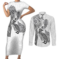 Aotearoa Moko Tribal Tattoo Couples Matching Short Sleeve Bodycon Dress and Long Sleeve Button Shirt New Zealand Maori Penguin and Fantail White Color