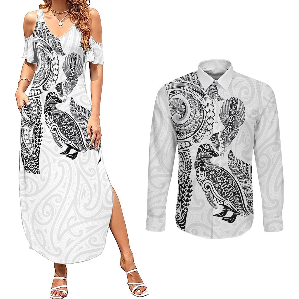 Aotearoa Moko Tribal Tattoo Couples Matching Summer Maxi Dress and Long Sleeve Button Shirt New Zealand Maori Penguin and Fantail White Color