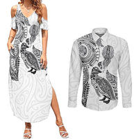 Aotearoa Moko Tribal Tattoo Couples Matching Summer Maxi Dress and Long Sleeve Button Shirt New Zealand Maori Penguin and Fantail White Color
