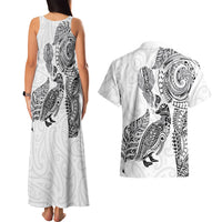 Aotearoa Moko Tribal Tattoo Couples Matching Tank Maxi Dress and Hawaiian Shirt New Zealand Maori Penguin and Fantail White Color