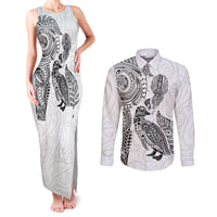Aotearoa Moko Tribal Tattoo Couples Matching Tank Maxi Dress and Long Sleeve Button Shirt New Zealand Maori Penguin and Fantail White Color