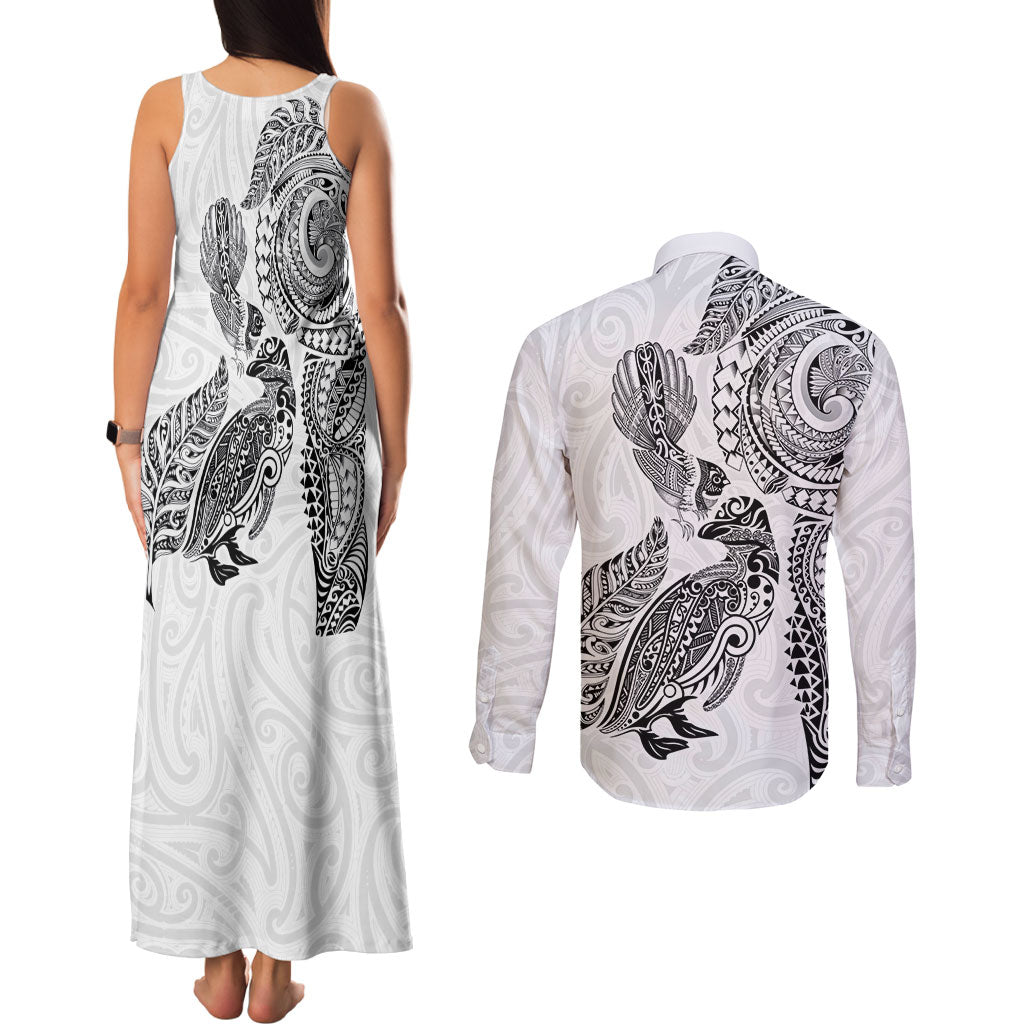 Aotearoa Moko Tribal Tattoo Couples Matching Tank Maxi Dress and Long Sleeve Button Shirt New Zealand Maori Penguin and Fantail White Color
