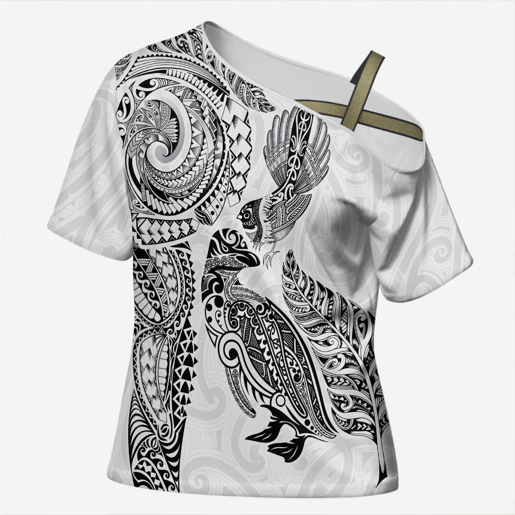 Aotearoa Moko Tribal Tattoo Cross Shoulder Shirt New Zealand Maori Penguin and Fantail White Color