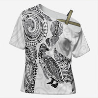 Aotearoa Moko Tribal Tattoo Cross Shoulder Shirt New Zealand Maori Penguin and Fantail White Color