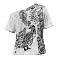 Aotearoa Moko Tribal Tattoo Cross Shoulder Shirt New Zealand Maori Penguin and Fantail White Color