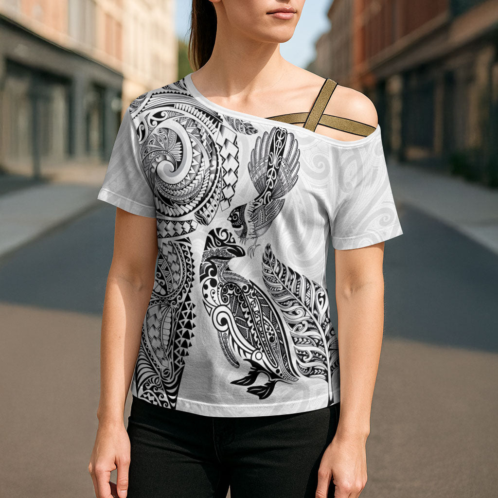 Aotearoa Moko Tribal Tattoo Cross Shoulder Shirt New Zealand Maori Penguin and Fantail White Color