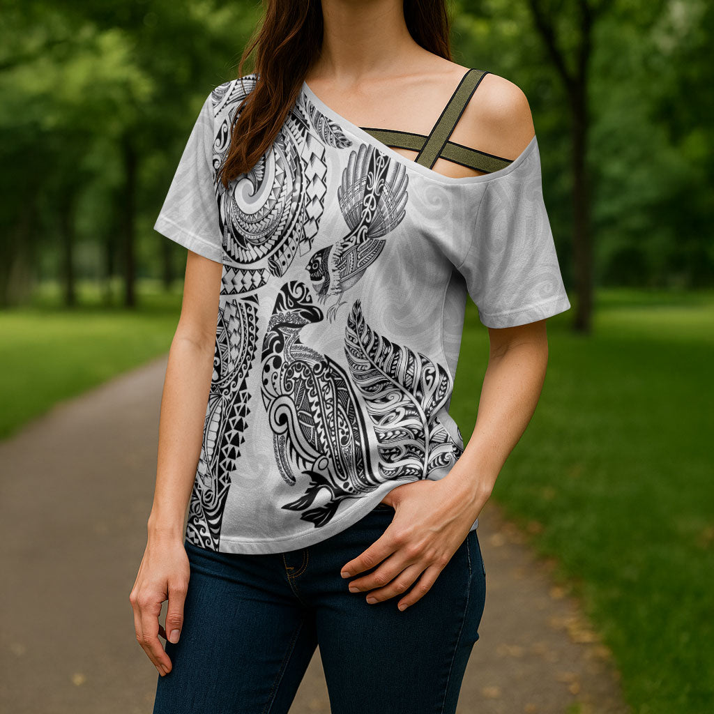 Aotearoa Moko Tribal Tattoo Cross Shoulder Shirt New Zealand Maori Penguin and Fantail White Color