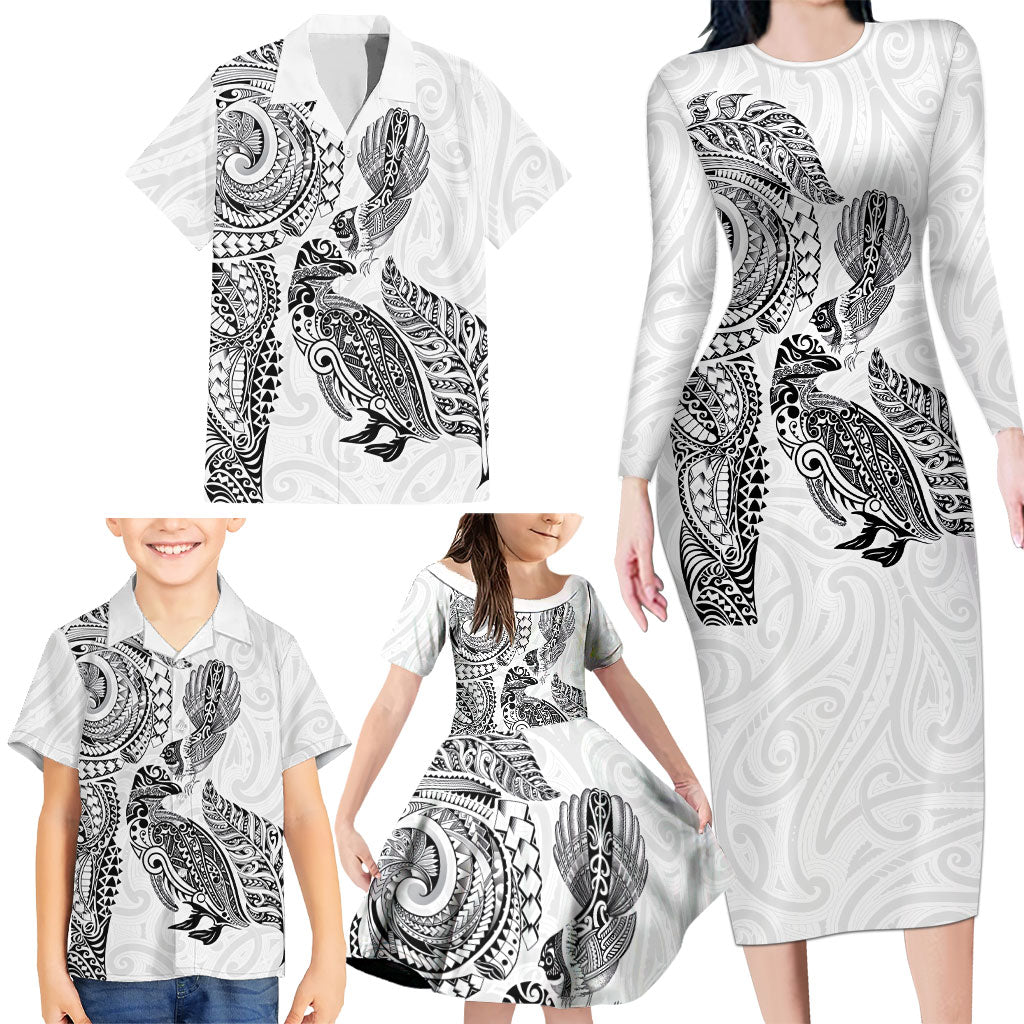 Aotearoa Moko Tribal Tattoo Family Matching Long Sleeve Bodycon Dress and Hawaiian Shirt New Zealand Maori Penguin and Fantail White Color