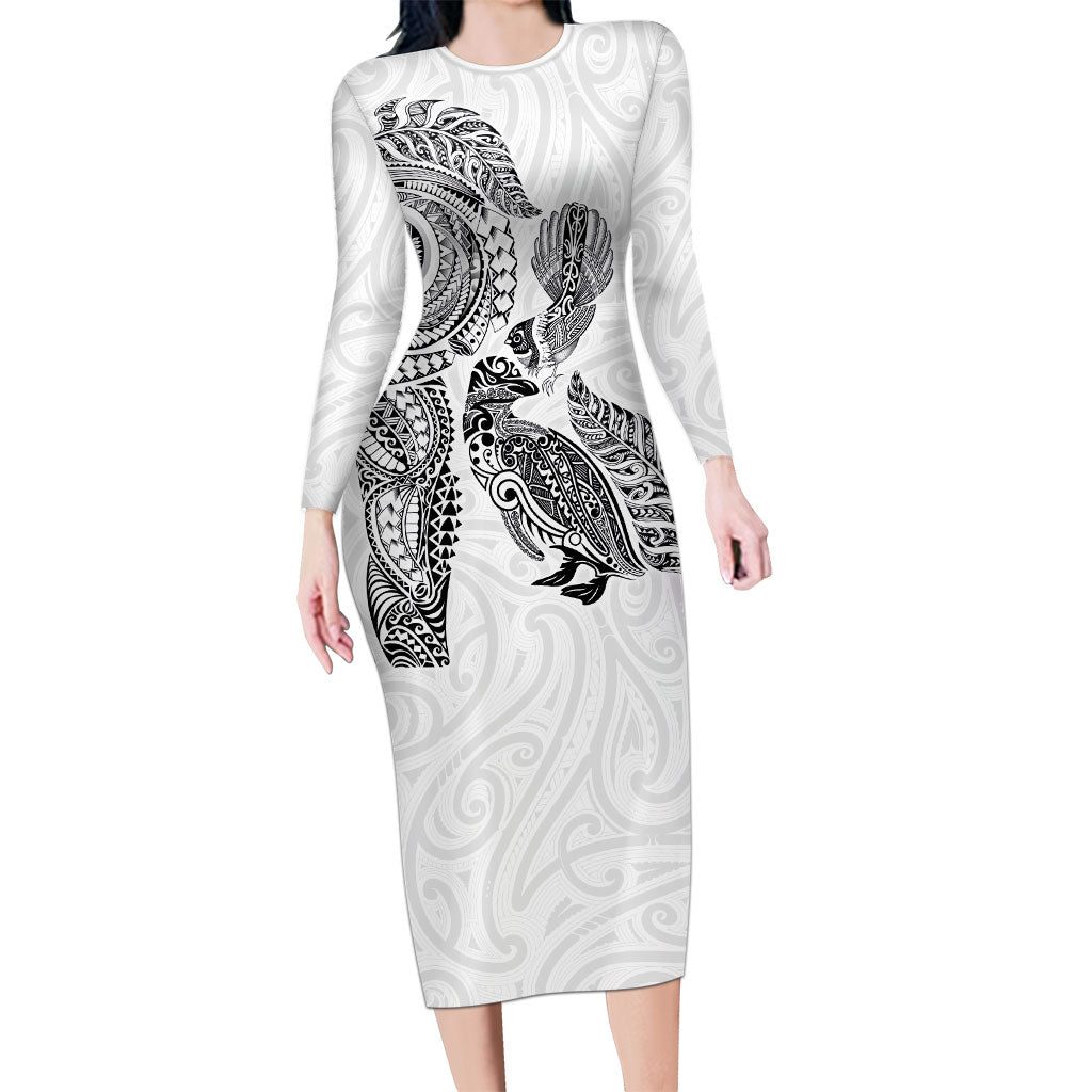 Aotearoa Moko Tribal Tattoo Family Matching Long Sleeve Bodycon Dress and Hawaiian Shirt New Zealand Maori Penguin and Fantail White Color