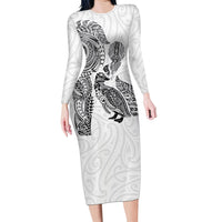 Aotearoa Moko Tribal Tattoo Family Matching Long Sleeve Bodycon Dress and Hawaiian Shirt New Zealand Maori Penguin and Fantail White Color