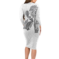 Aotearoa Moko Tribal Tattoo Family Matching Long Sleeve Bodycon Dress and Hawaiian Shirt New Zealand Maori Penguin and Fantail White Color
