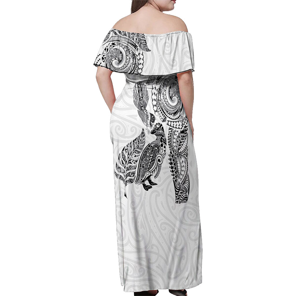 Aotearoa Moko Tribal Tattoo Family Matching Off Shoulder Maxi Dress and Hawaiian Shirt New Zealand Maori Penguin and Fantail White Color