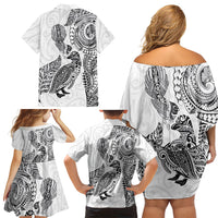 Aotearoa Moko Tribal Tattoo Family Matching Off Shoulder Short Dress and Hawaiian Shirt New Zealand Maori Penguin and Fantail White Color