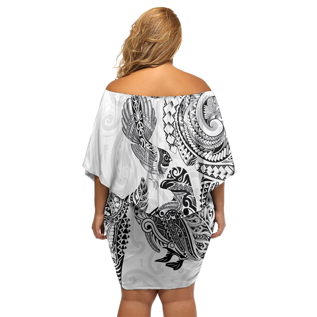 Aotearoa Moko Tribal Tattoo Family Matching Off Shoulder Short Dress and Hawaiian Shirt New Zealand Maori Penguin and Fantail White Color