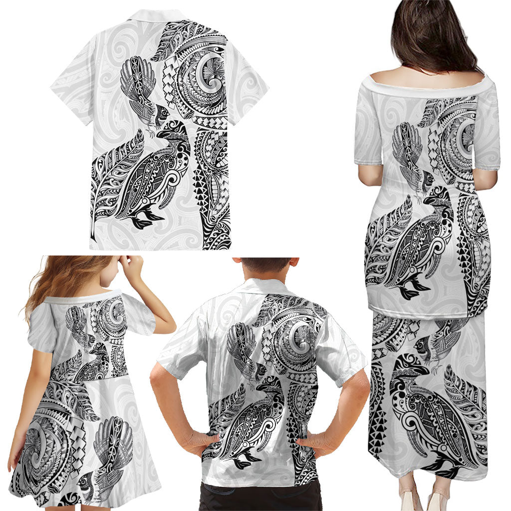 Aotearoa Moko Tribal Tattoo Family Matching Puletasi and Hawaiian Shirt New Zealand Maori Penguin and Fantail White Color