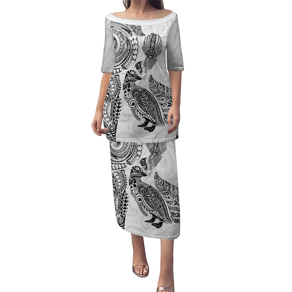 Aotearoa Moko Tribal Tattoo Family Matching Puletasi and Hawaiian Shirt New Zealand Maori Penguin and Fantail White Color