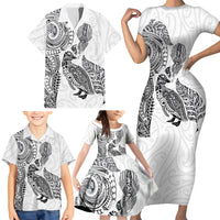 Aotearoa Moko Tribal Tattoo Family Matching Short Sleeve Bodycon Dress and Hawaiian Shirt New Zealand Maori Penguin and Fantail White Color