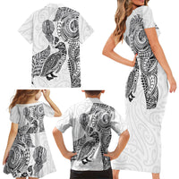 Aotearoa Moko Tribal Tattoo Family Matching Short Sleeve Bodycon Dress and Hawaiian Shirt New Zealand Maori Penguin and Fantail White Color