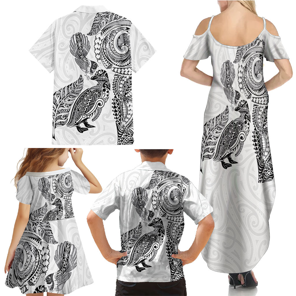 Aotearoa Moko Tribal Tattoo Family Matching Summer Maxi Dress and Hawaiian Shirt New Zealand Maori Penguin and Fantail White Color