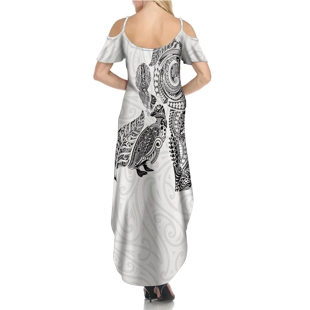 Aotearoa Moko Tribal Tattoo Family Matching Summer Maxi Dress and Hawaiian Shirt New Zealand Maori Penguin and Fantail White Color