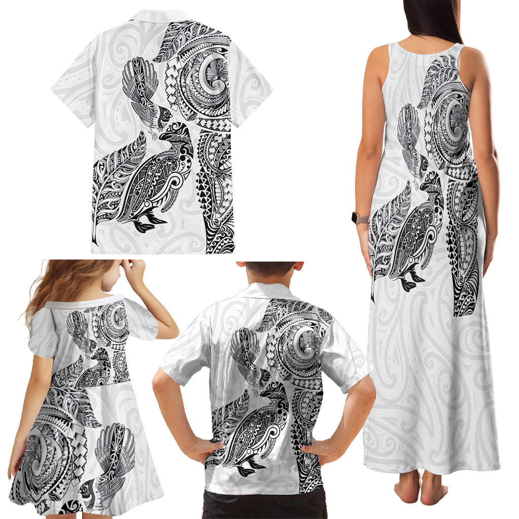 Aotearoa Moko Tribal Tattoo Family Matching Tank Maxi Dress and Hawaiian Shirt New Zealand Maori Penguin and Fantail White Color LT03 - Polynesian Pride