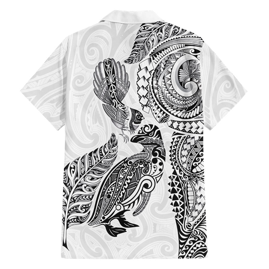 Aotearoa Moko Tribal Tattoo Family Matching Tank Maxi Dress and Hawaiian Shirt New Zealand Maori Penguin and Fantail White Color LT03 - Polynesian Pride