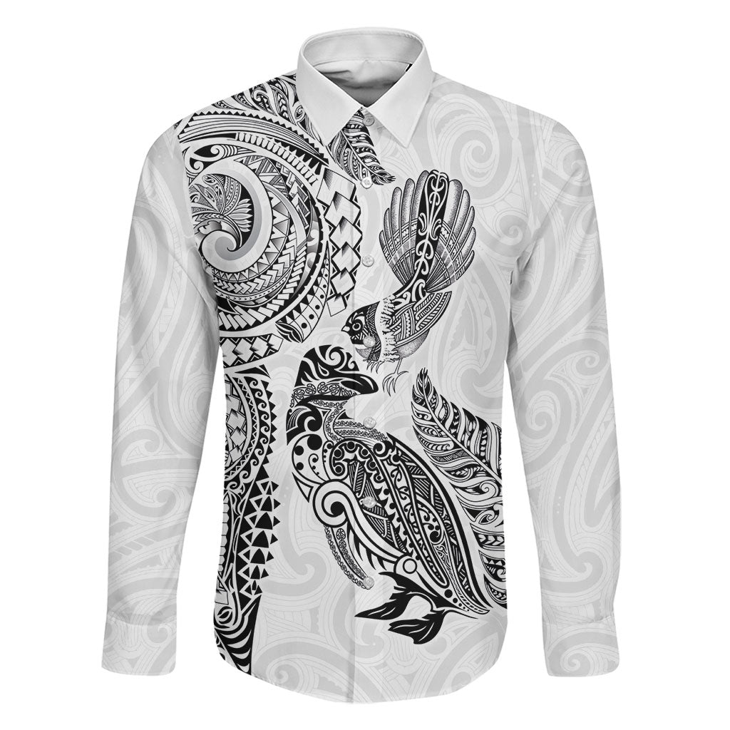 Aotearoa Moko Tribal Tattoo Family Matching Tank Maxi Dress and Hawaiian Shirt New Zealand Maori Penguin and Fantail White Color LT03 Dad's Shirt - Long Sleeve White - Polynesian Pride