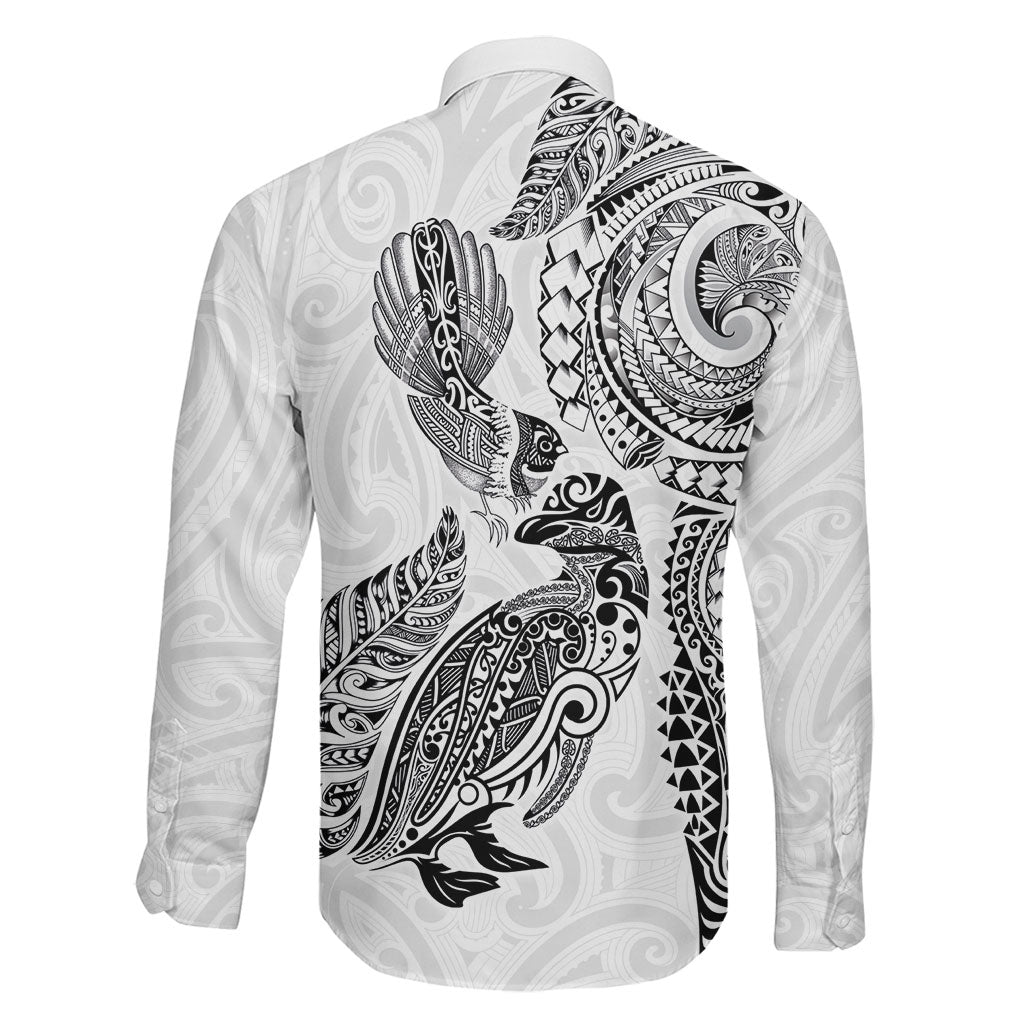 Aotearoa Moko Tribal Tattoo Family Matching Tank Maxi Dress and Hawaiian Shirt New Zealand Maori Penguin and Fantail White Color LT03 - Polynesian Pride