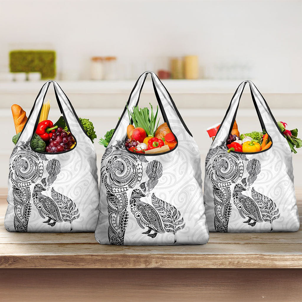 Aotearoa Moko Tribal Tattoo Grocery Bag New Zealand Maori Penguin and Fantail White Color