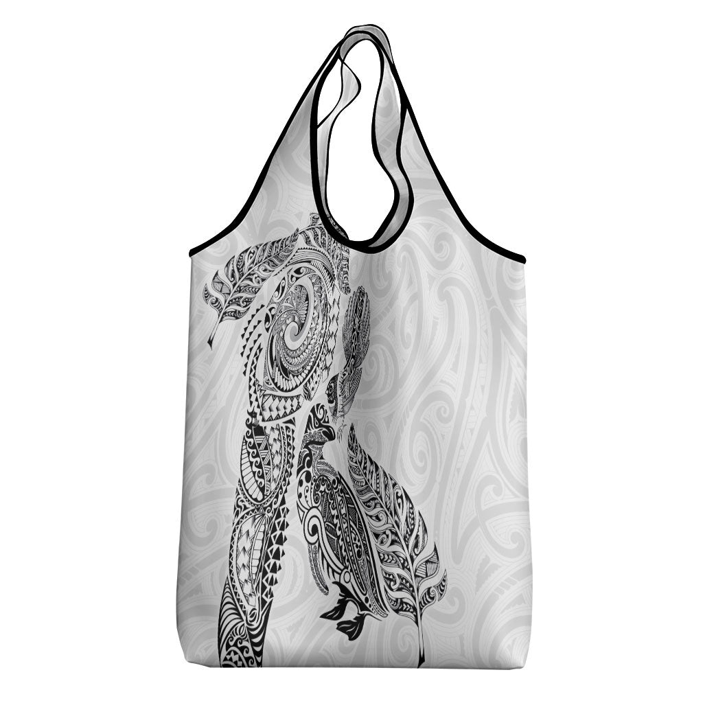Aotearoa Moko Tribal Tattoo Grocery Bag New Zealand Maori Penguin and Fantail White Color