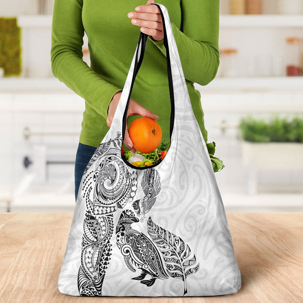 Aotearoa Moko Tribal Tattoo Grocery Bag New Zealand Maori Penguin and Fantail White Color
