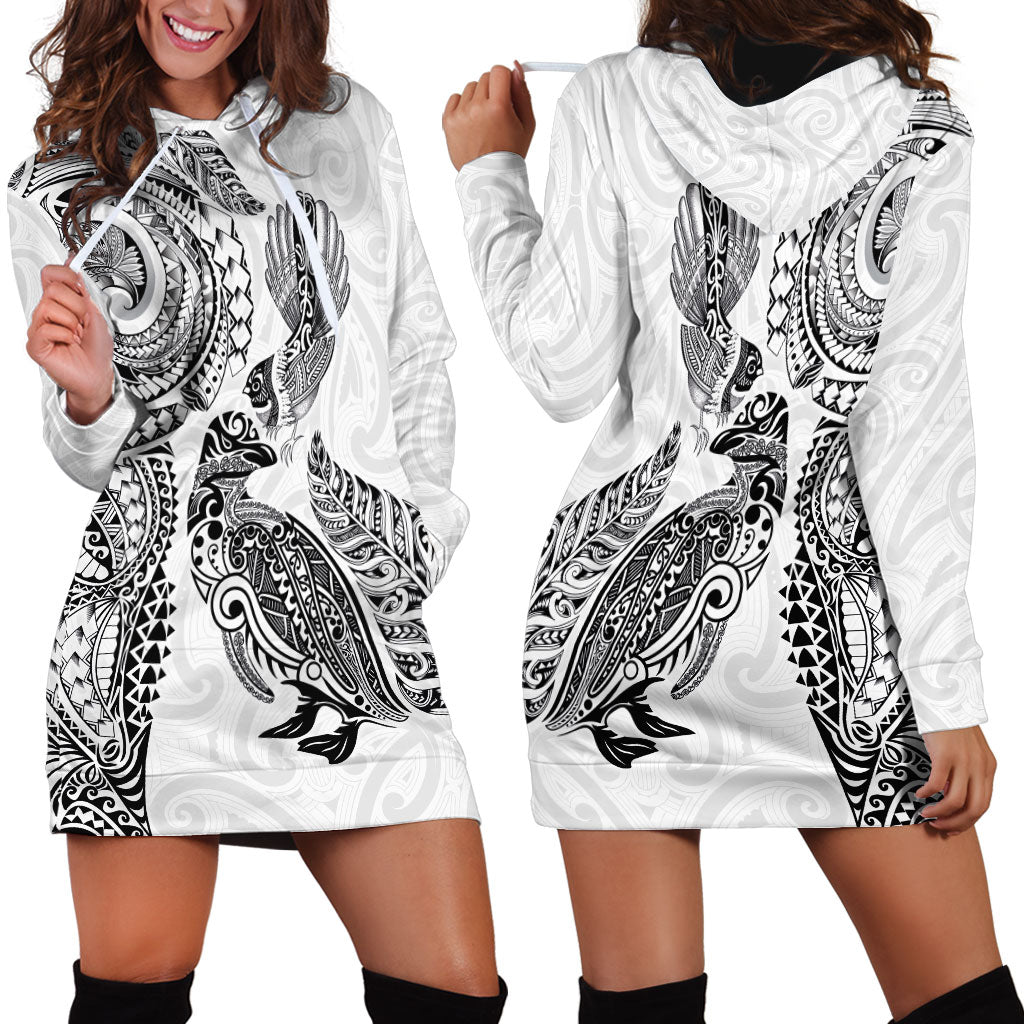 Aotearoa Moko Tribal Tattoo Hoodie Dress New Zealand Maori Penguin and Fantail White Color LT03 - Polynesian Pride