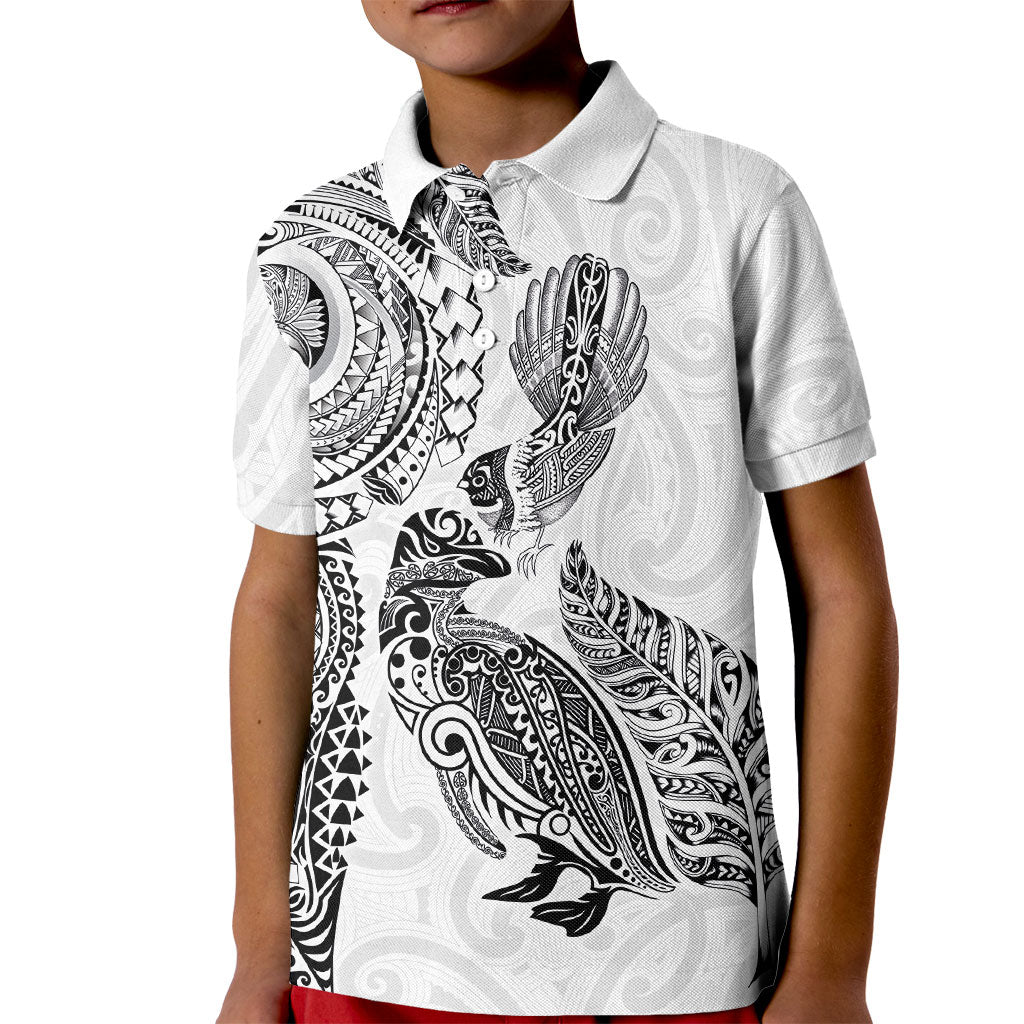 Aotearoa Moko Tribal Tattoo Kid Polo Shirt New Zealand Maori Penguin and Fantail White Color LT03 Kid White - Polynesian Pride