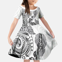 Aotearoa Moko Tribal Tattoo Kid Short Sleeve Dress New Zealand Maori Penguin and Fantail White Color