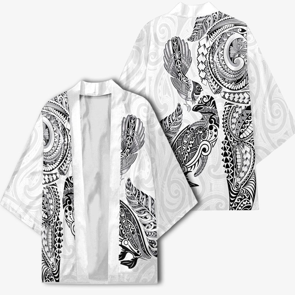 Aotearoa Moko Tribal Tattoo Kimono New Zealand Maori Penguin and Fantail White Color