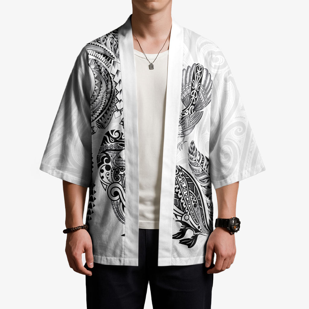 Aotearoa Moko Tribal Tattoo Kimono New Zealand Maori Penguin and Fantail White Color