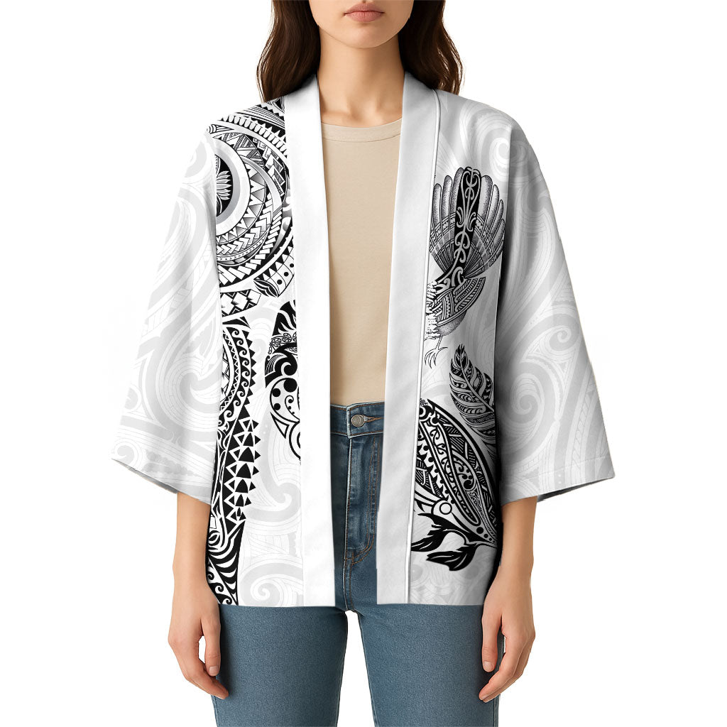 Aotearoa Moko Tribal Tattoo Kimono New Zealand Maori Penguin and Fantail White Color