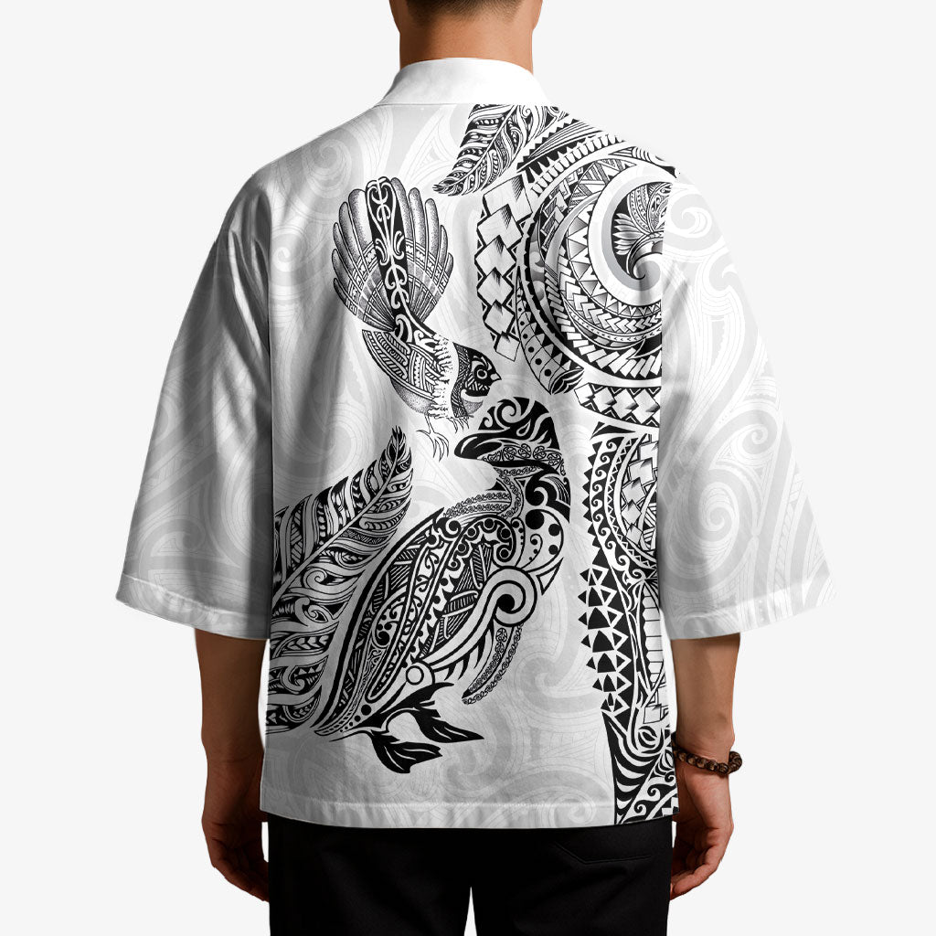 Aotearoa Moko Tribal Tattoo Kimono New Zealand Maori Penguin and Fantail White Color