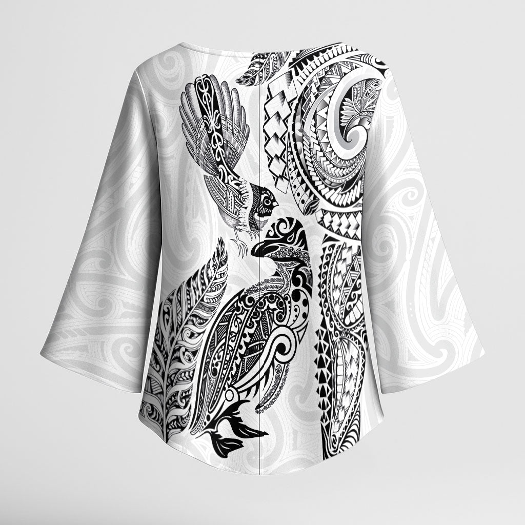Aotearoa Moko Tribal Tattoo Kimono Sleeve Blouse New Zealand Maori Penguin and Fantail White Color