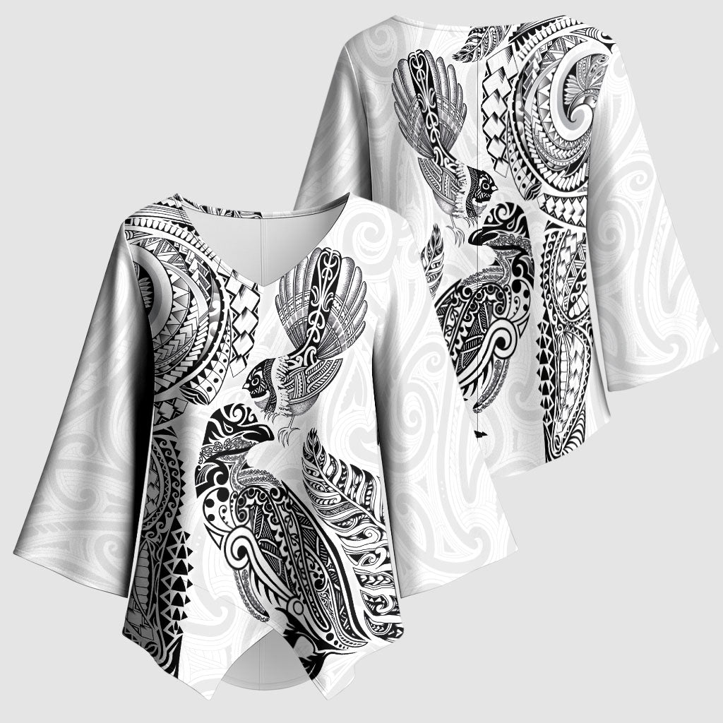 Aotearoa Moko Tribal Tattoo Kimono Sleeve Blouse New Zealand Maori Penguin and Fantail White Color