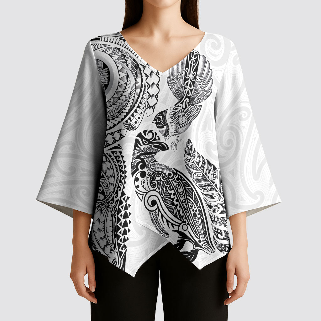 Aotearoa Moko Tribal Tattoo Kimono Sleeve Blouse New Zealand Maori Penguin and Fantail White Color