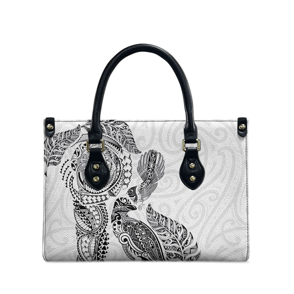 Aotearoa Moko Tribal Tattoo Leather Bag New Zealand Maori Penguin and Fantail White Color