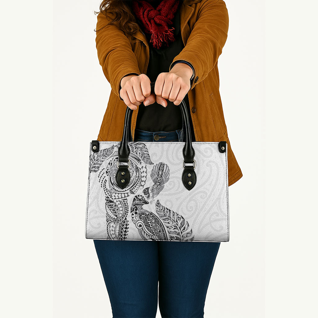 Aotearoa Moko Tribal Tattoo Leather Bag New Zealand Maori Penguin and Fantail White Color