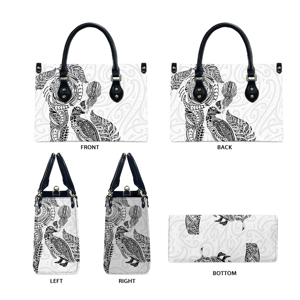 Aotearoa Moko Tribal Tattoo Leather Bag New Zealand Maori Penguin and Fantail White Color