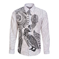 Aotearoa Moko Tribal Tattoo Long Sleeve Button Shirt New Zealand Maori Penguin and Fantail White Color