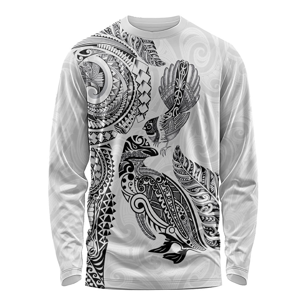 Aotearoa Moko Tribal Tattoo Long Sleeve Shirt New Zealand Maori Penguin and Fantail White Color