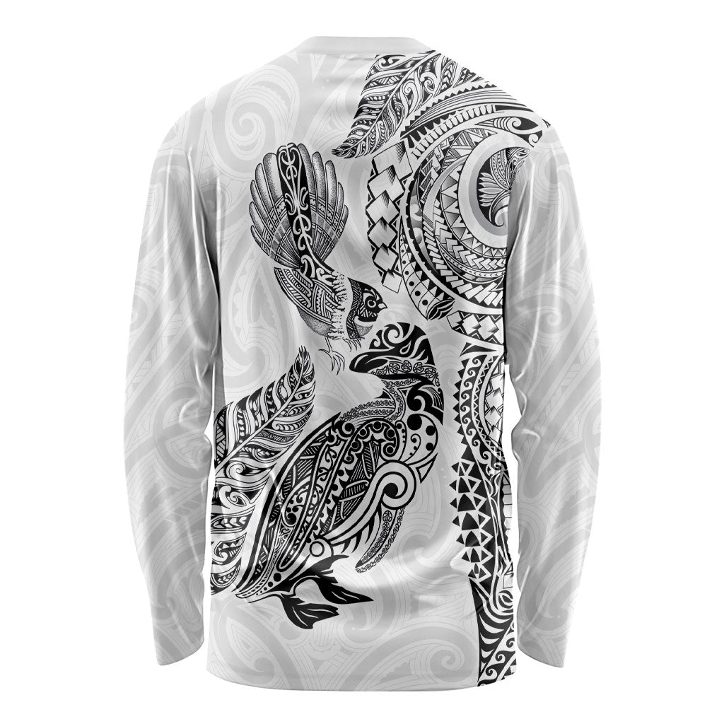 Aotearoa Moko Tribal Tattoo Long Sleeve Shirt New Zealand Maori Penguin and Fantail White Color